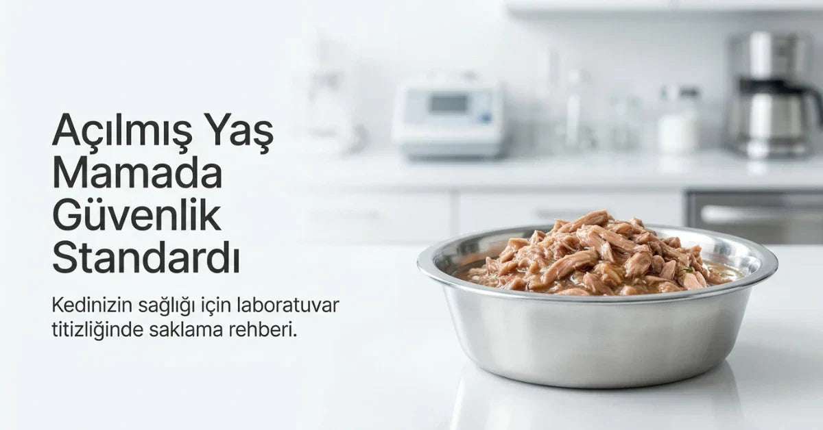 Metal mama kabındaki açılmış kedi yaş maması ve güvenli saklama standartlarını anlatan rehber görseli
