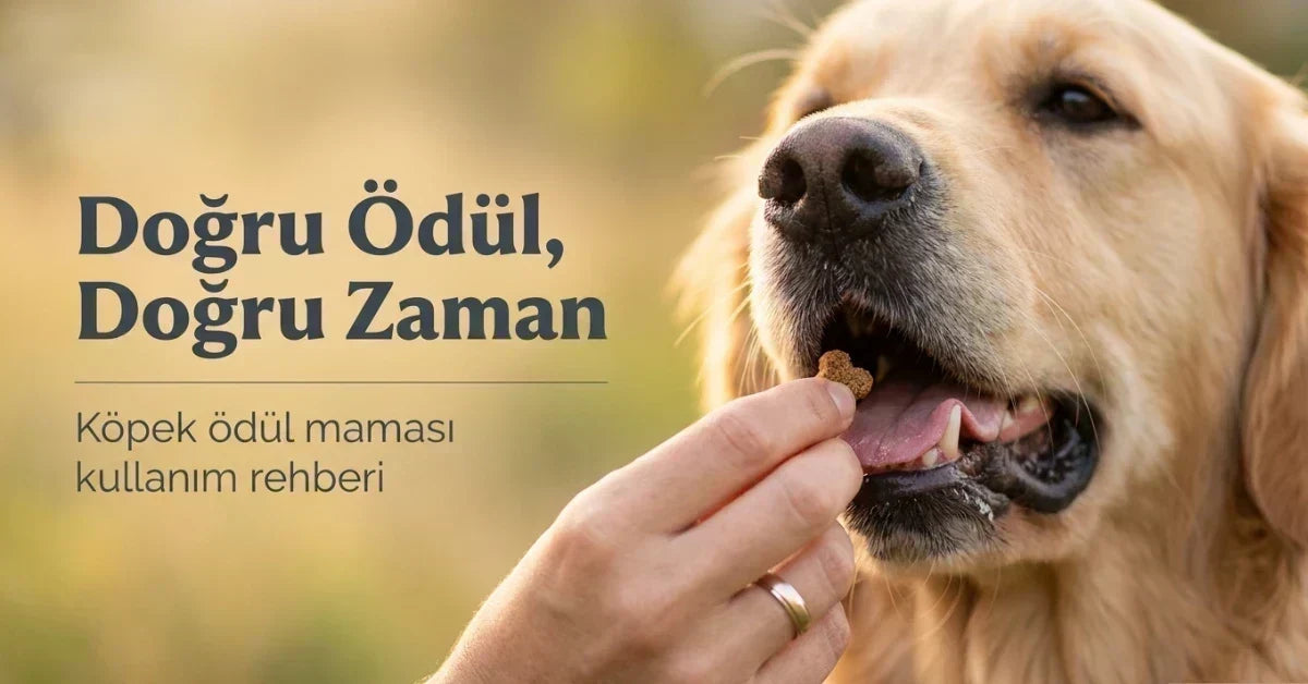 Sahibinin elinden küçük bir ödül maması alan Golden Retriever ve doğru ödül kullanımını anlatan rehber görseli