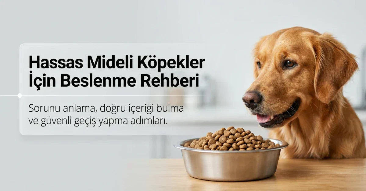 Hassas mideli köpekler için mama seçimini anlatan, mama kabının yanında bekleyen golden retriever görseli.
