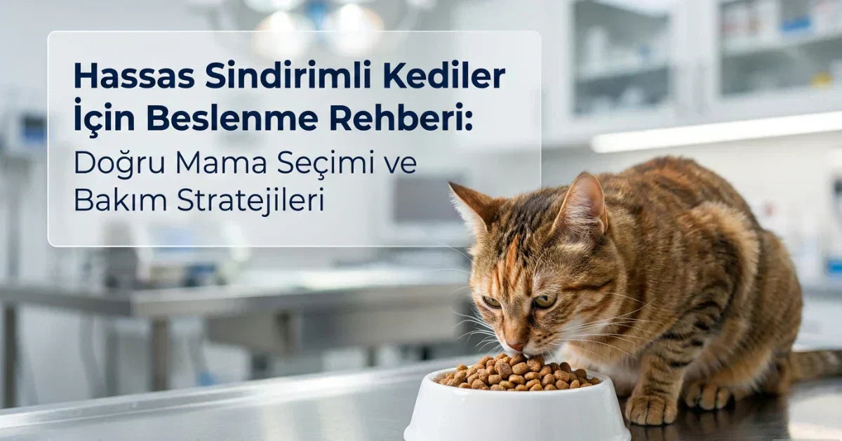 Veteriner kliniği ortamında kuru mama yiyen kedi; hassas sindirimli kediler için doğru mama seçimi ve bakım stratejileri rehberi.