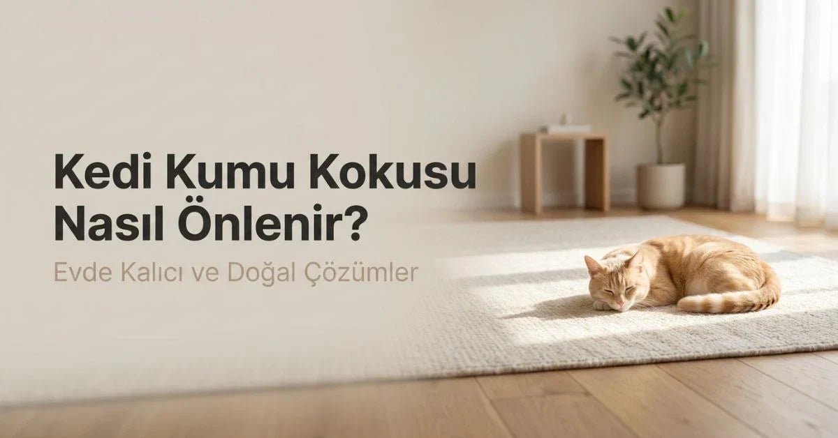 Temiz ve ferah bir ev ortamında dinlenen kedinin yanında kedi kumu kokusunu önlemeye yönelik doğal ve kalıcı çözümler.