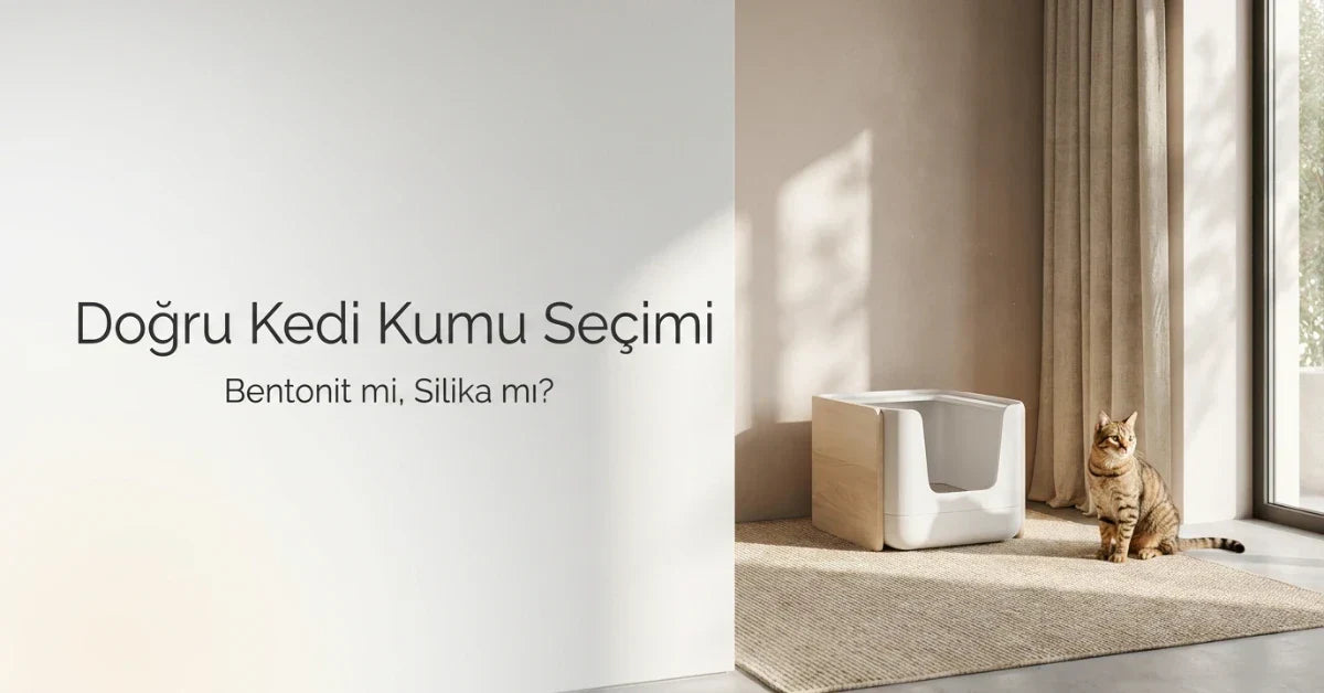 Doğru kedi kumu seçimi için bentonit ve silika karşılaştırmasını anlatan, kedi tuvaleti yanında oturan kedi görseli