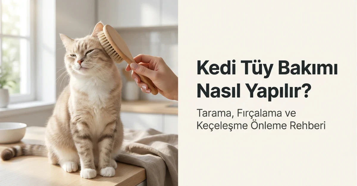 Kedi tüy bakımı, tarama, fırçalama ve keçeleşmeyi önleme konularını anlatan profesyonel kapak görseli