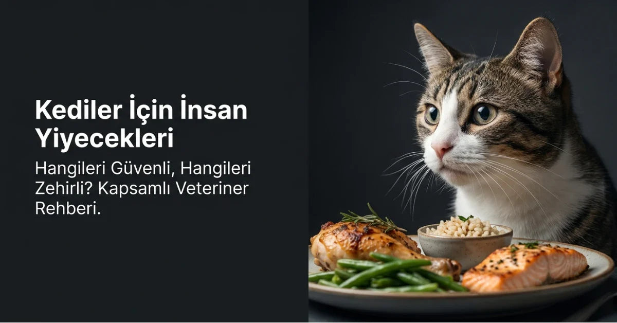 Kedi ve insan yiyecekleri görseliyle, kediler için hangi yiyeceklerin güvenli hangilerinin zararlı olduğunu anlatan kapsamlı veteriner rehberi.