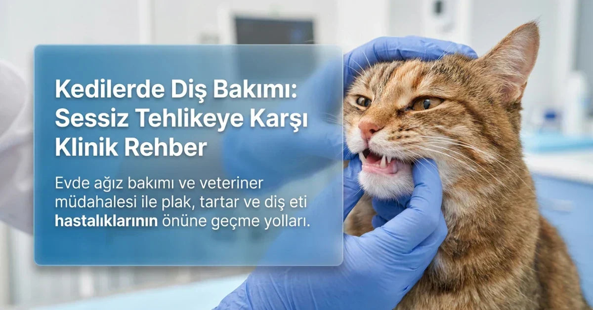 Veteriner kliniğinde dişleri kontrol edilen kedide plak, tartar ve diş eti hastalıklarına karşı ağız bakımını anlatan kedi diş bakımı rehberi görseli.