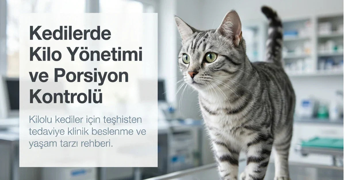 Kedilerde kilo yönetimi ve porsiyon kontrolünü anlatan, veteriner kliniğinde duran sağlıklı görünümlü kedi görseli
