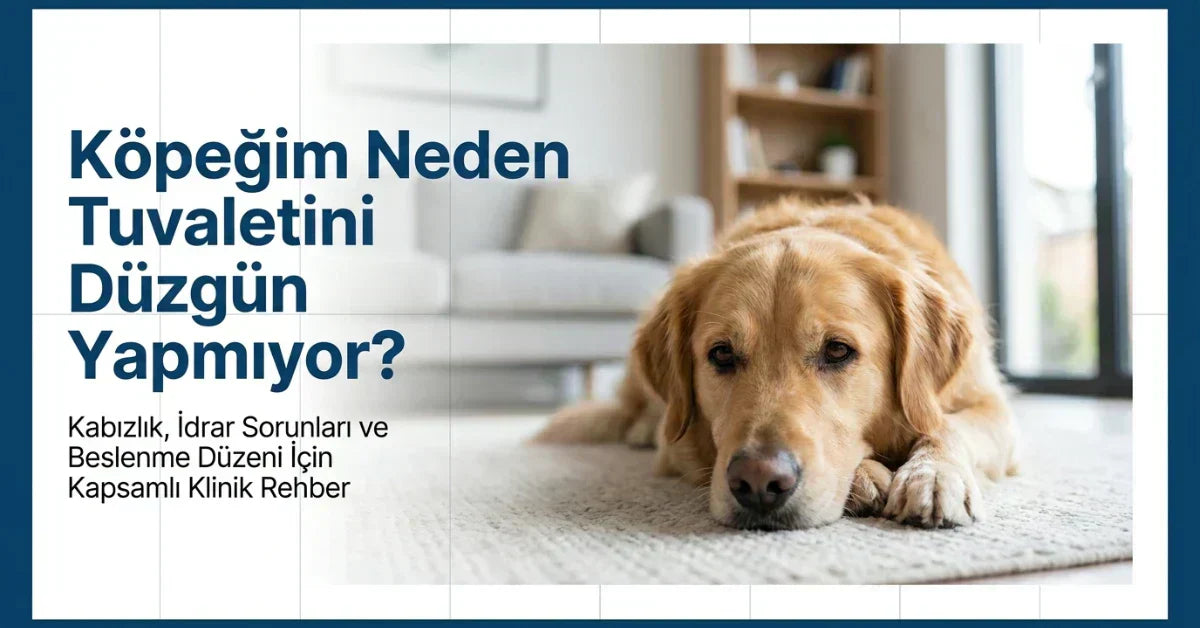 Ev ortamında yatan köpek ve üzerinde “Köpeğim Neden Tuvaletini Düzgün Yapmıyor?” yazısı; köpeklerde kabızlık, idrar sorunları ve beslenme düzeni rehberi