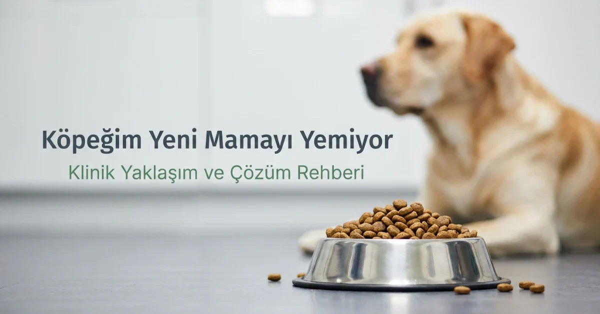 Yeni mamasını yemeyen yetişkin köpeğin dolu mama kabının yanında beklediğini gösteren görsel