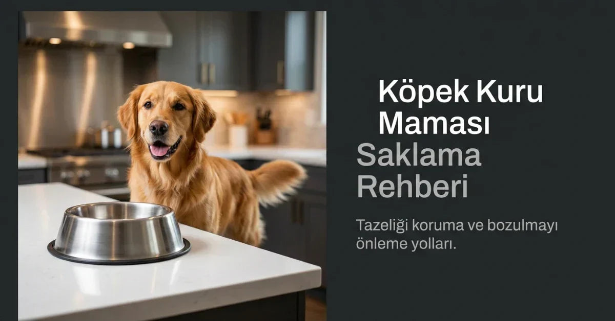 Mutfakta mama kabının yanında duran Golden Retriever ve köpek kuru maması saklama rehberi görseli