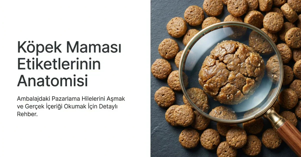 Büyüteç altında incelenen köpek maması taneleri; köpek maması etiketlerini doğru okumayı, ambalajdaki pazarlama ifadelerini ve gerçek içerik analizini anlatan bilgilendirici görsel