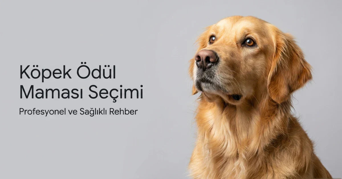 Köpek ödül maması seçimi rehberi için golden retriever görseli ve sağlıklı ödül maması başlığı