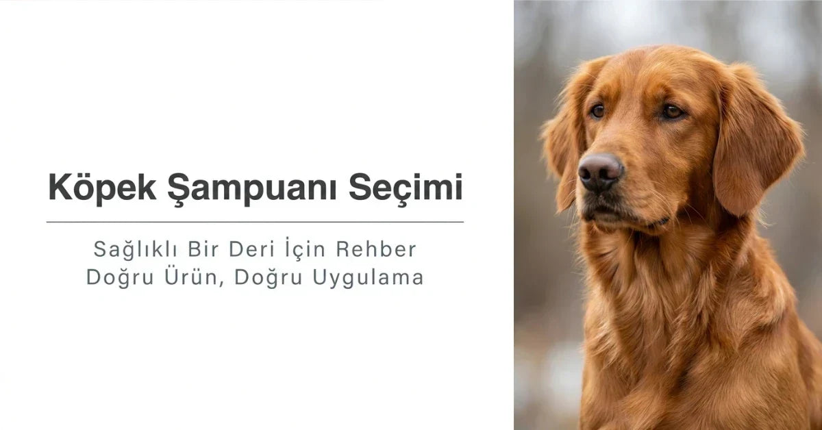 Sağlıklı deri ve tüy yapısı için doğru köpek şampuanı seçimini anlatan rehber kapak görseli ve golden retriever köpek