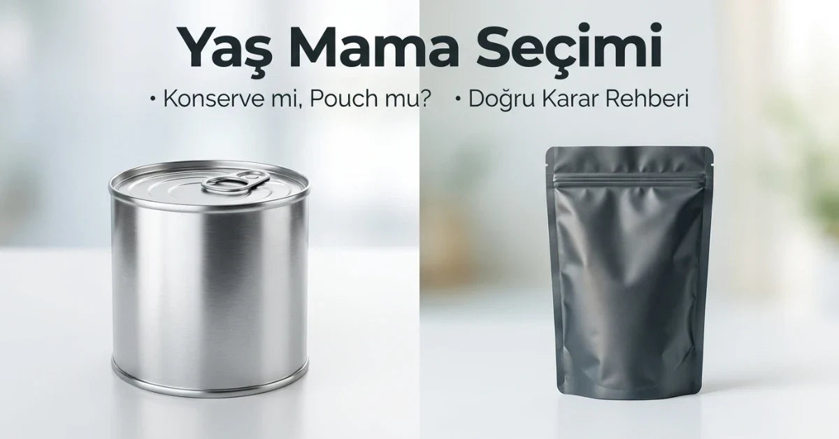 Köpekler için konserve mama ile pouch yaş mama ambalajlarının yan yana karşılaştırılması.