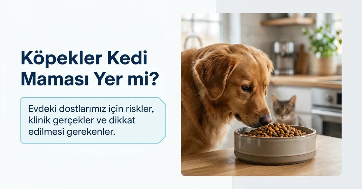 Mutfakta kedi maması kabının yanında duran köpek ve arka planda kedi; köpeklerin kedi maması yemesinin risklerini anlatan görsel