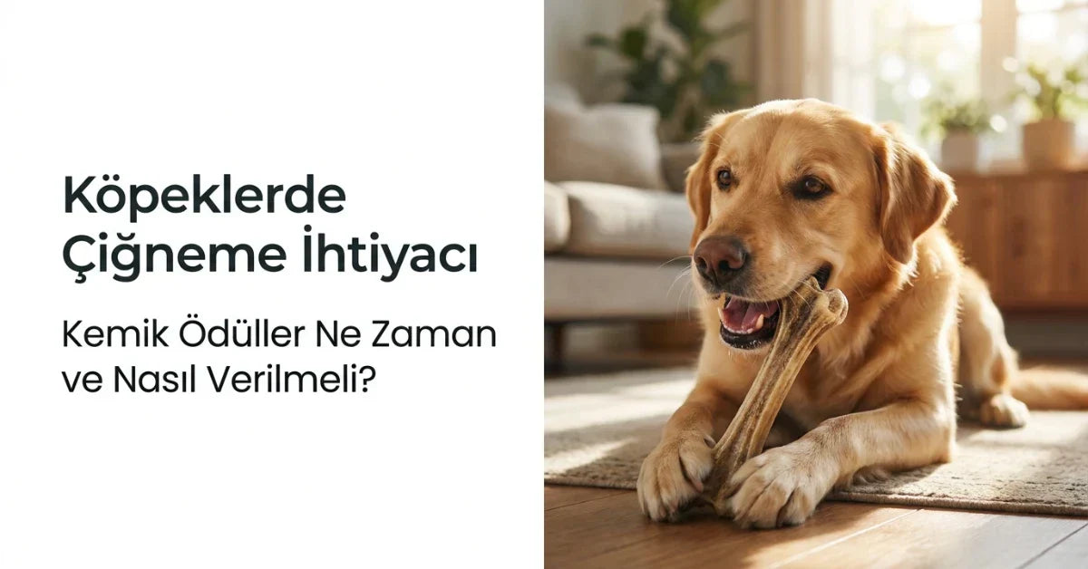 Ev ortamında kemik ödül çiğneyen Golden Retriever; köpeklerde çiğneme ihtiyacı ve güvenli kemik ödül kullanımını gösteren görsel.