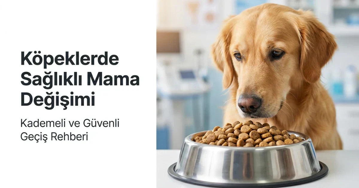 Mama kabının yanında duran golden retriever köpek ile köpeklerde sağlıklı, kademeli ve güvenli mama değişimi rehberi görseli