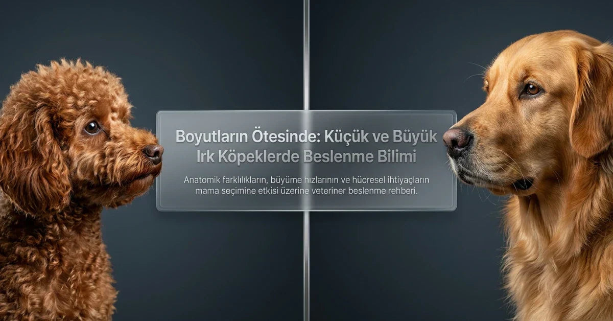 Küçük ve büyük ırk köpeklerde anatomik farklılıklar, büyüme hızı ve mama seçimine göre beslenme ihtiyaçlarını karşılaştıran görsel