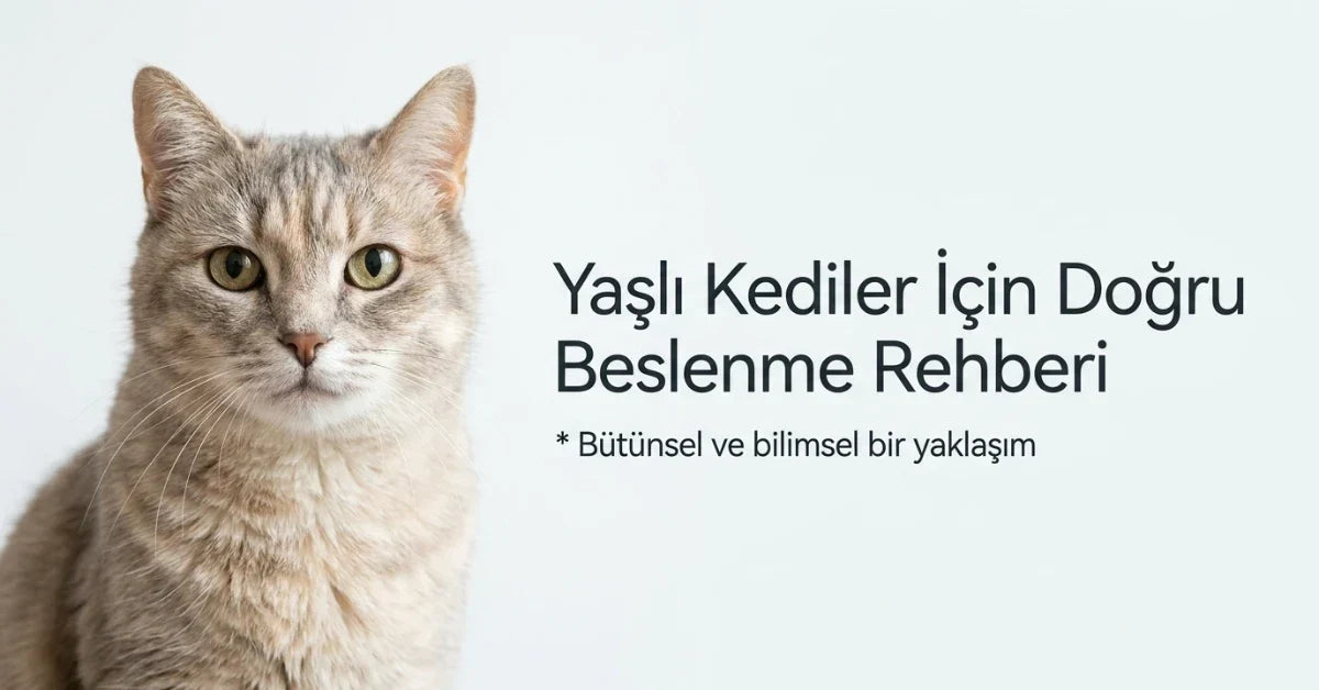 Yaşlı kedilerin yaş, kilo, sağlık durumu ve beslenme ihtiyaçlarına göre doğru mama seçimini anlatan rehber görseli
