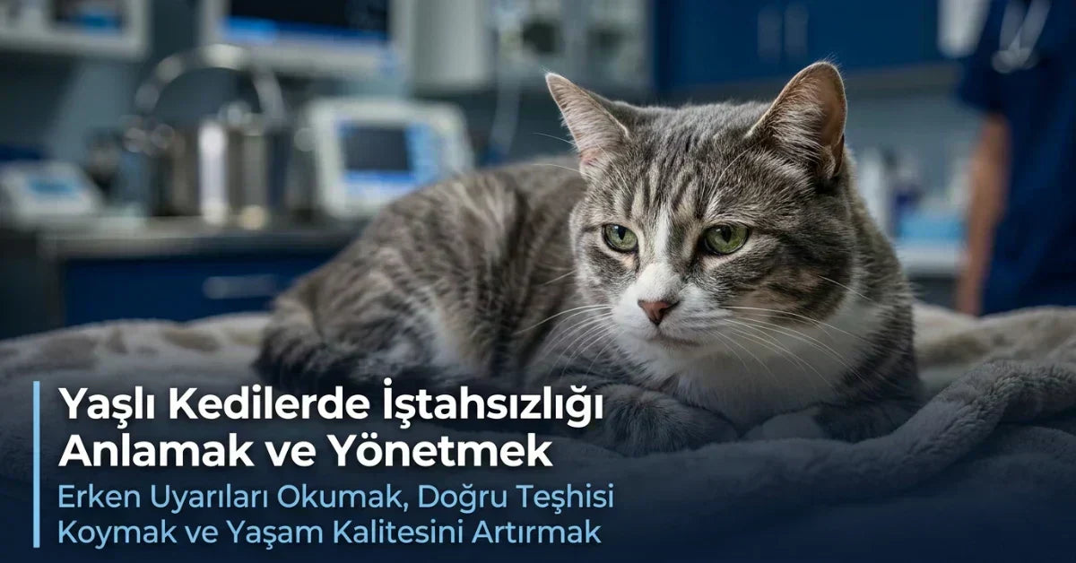Pencere kenarında battaniye üzerinde dinlenen yaşlı tekir kedi; yaşlı kedilerde iştahsızlık, nedenleri ve beslenme önerilerini anlatan kapak görseli