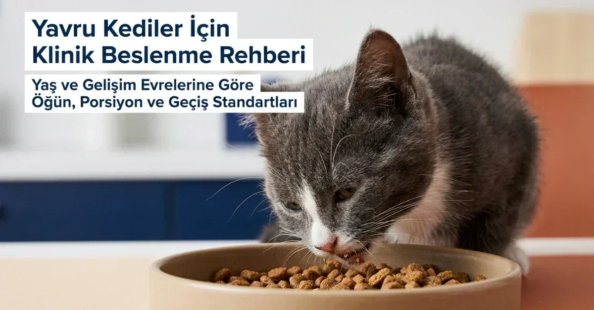 Mama kabından kuru mama yiyen yavru kedi; yavru kediler için yaşa göre öğün, porsiyon ve beslenme geçiş rehberi.