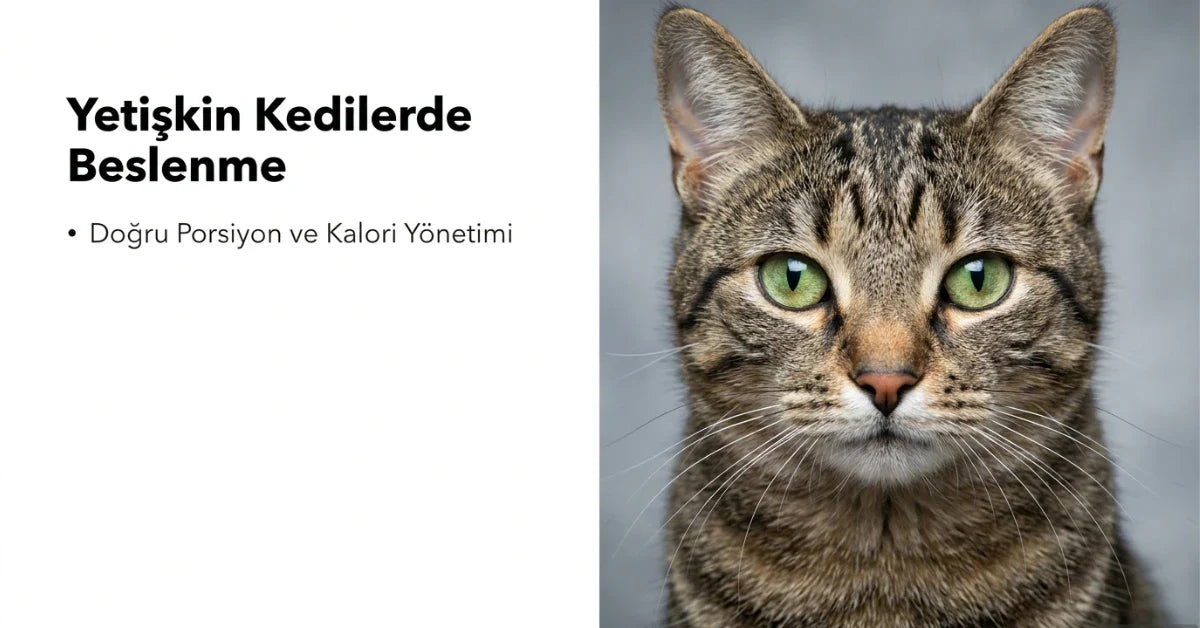 Yetişkin kedilerde doğru porsiyon ve kalori yönetimini anlatan, gri arka plan önünde tekir kedi görseli.