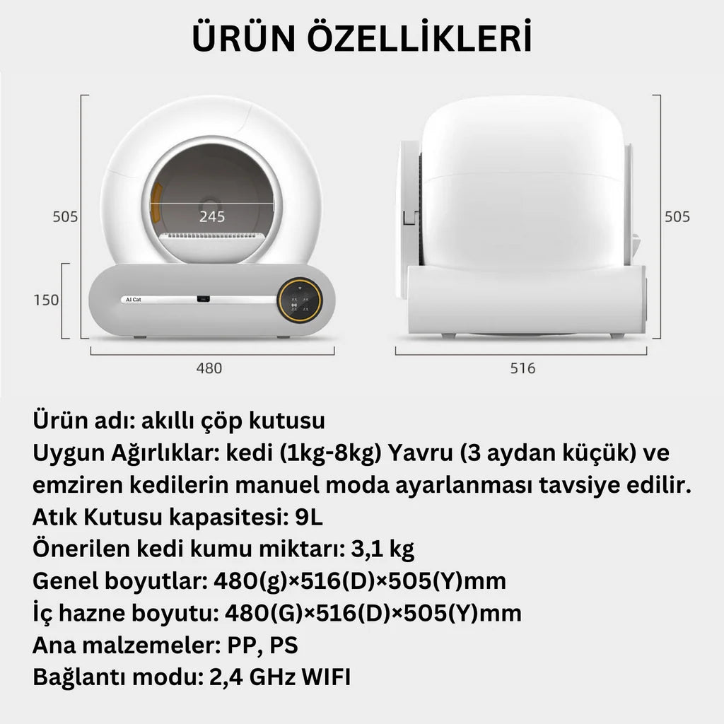 AI Cat Akıllı Kedi Tuvaleti Kum Kabı, Beyaz