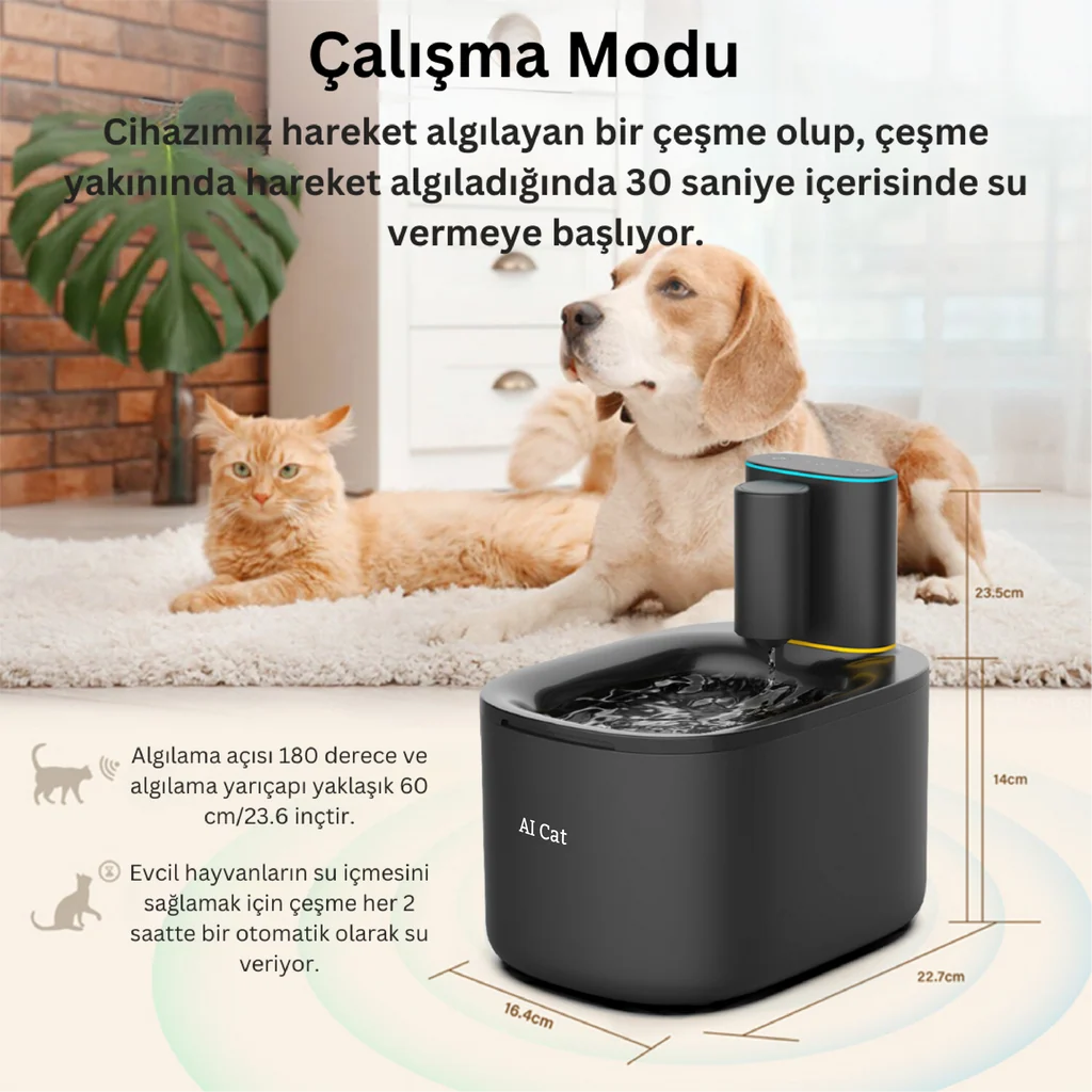 AI Cat Alfa Akıllı Kedi ve Köpek Su Pınarı 3.5L Bataryalı, Siyah