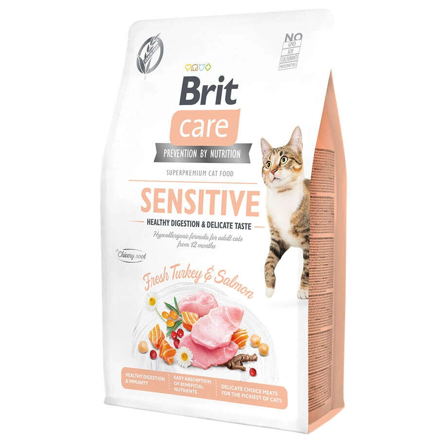 Brit Care Sensitive Hypo-Allergenic Sindirim Sistemi Destekleyici Hindi ve Somonlu Tahılsız Yetişkin Kedi Maması, 2kg