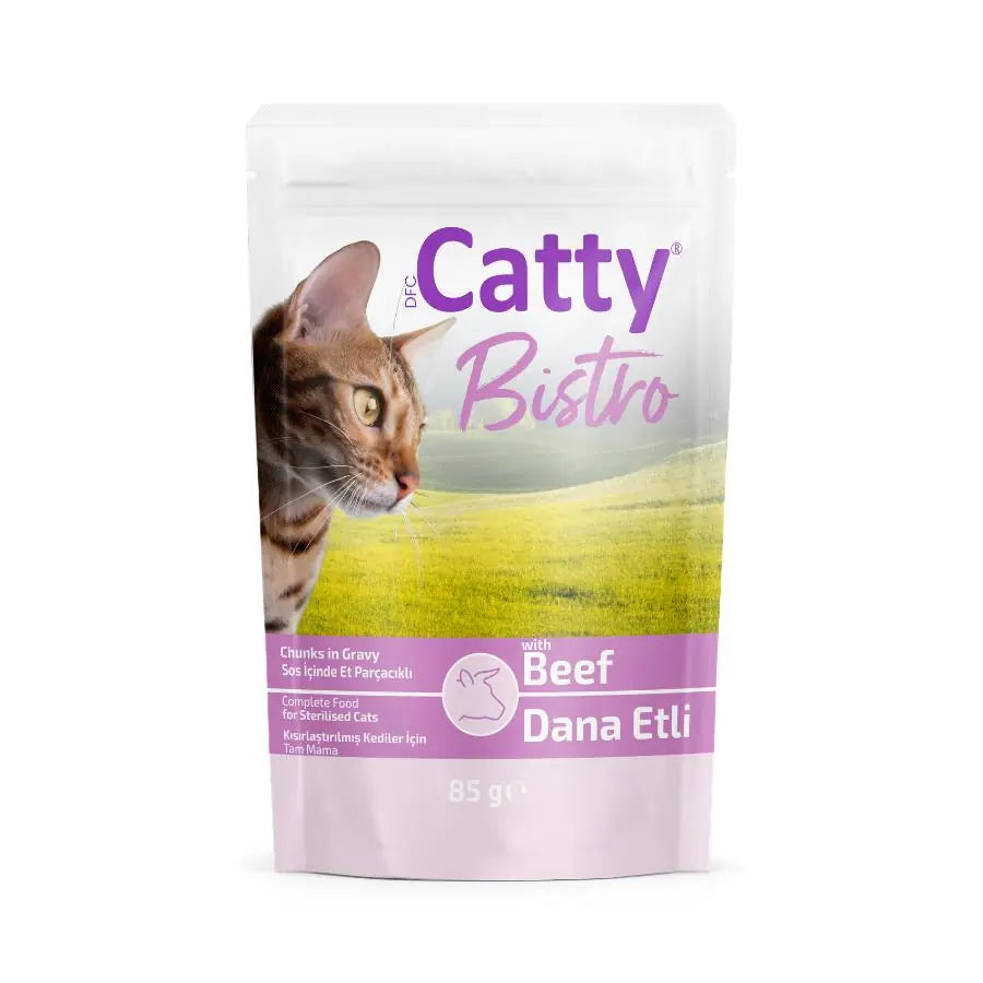 Catty Bistro Sos İçinde Kısırlaştırılmış Dana Etli Yetişkin Kedi Yaş Maması, 85 g