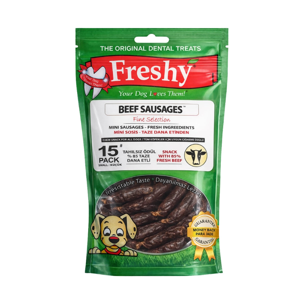 Freshy Beef Sausages Sığır Etli Mini Köpek Ödül Maması, 15 li Packet, 100g