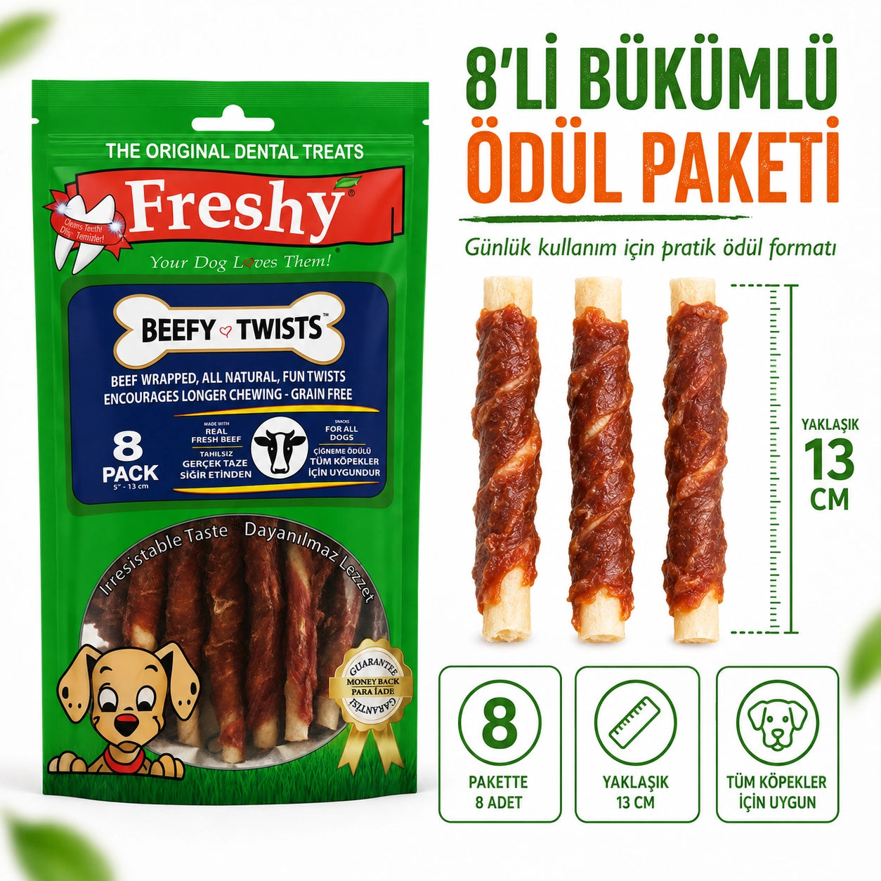 Freshy Beefy Twists Sığır Etli Köpek Ödül Maması, 8 li Packet, 13cm