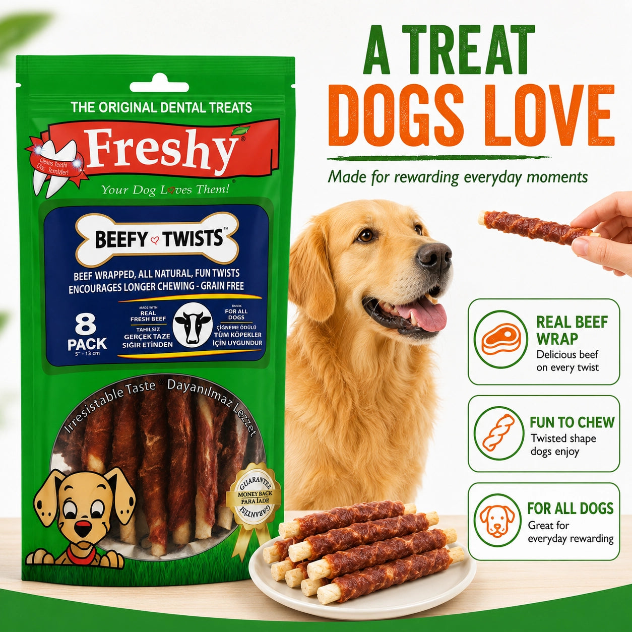 Freshy Beefy Twists Sığır Etli Köpek Ödül Maması, 8 li Packet, 13cm