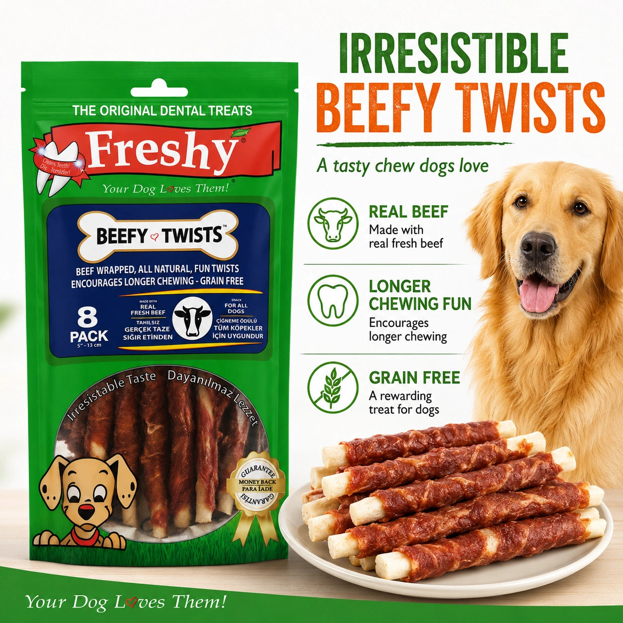 Freshy Beefy Twists Sığır Etli Köpek Ödül Maması, 8 li Packet, 13cm
