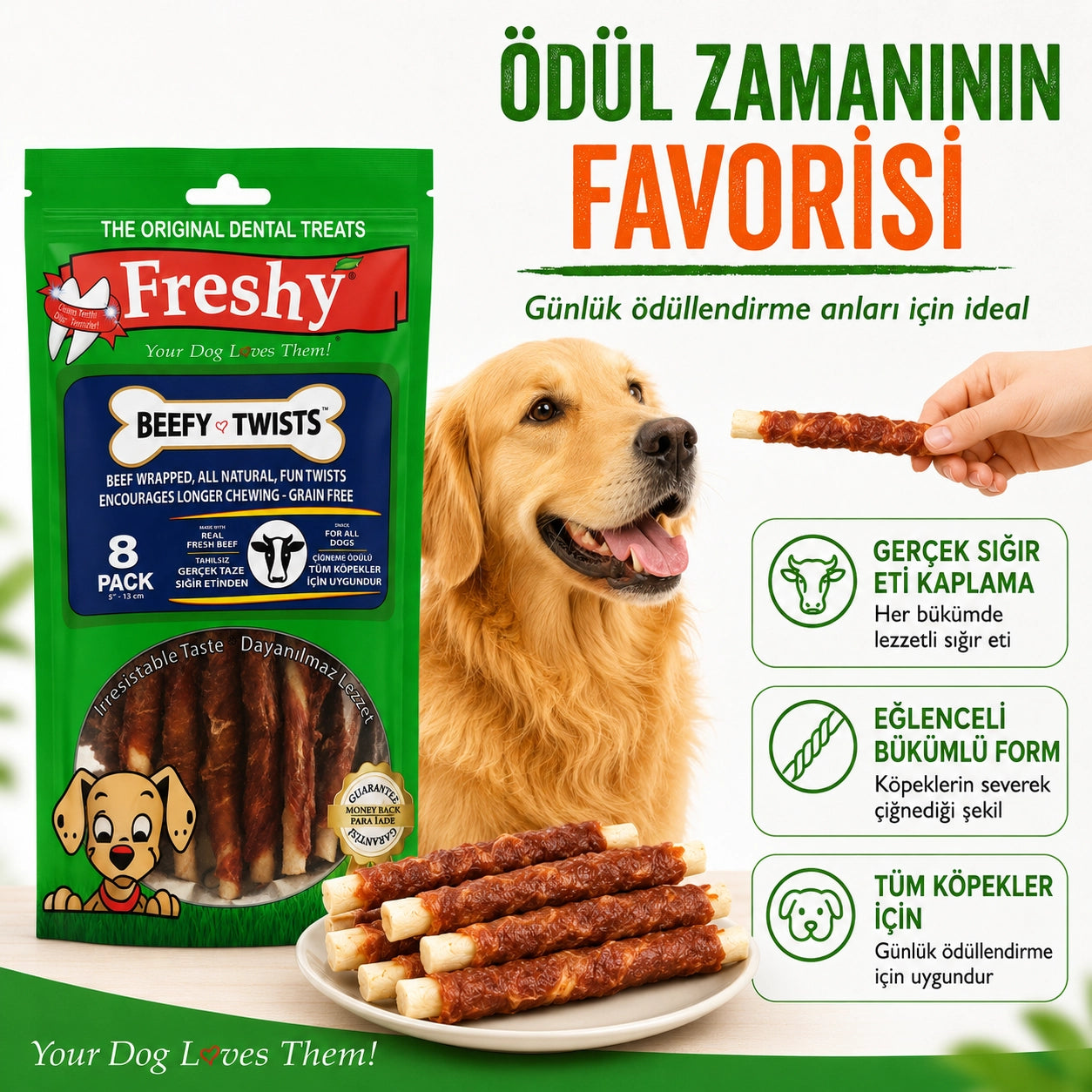 Freshy Beefy Twists Sığır Etli Köpek Ödül Maması, 8 li Packet, 13cm