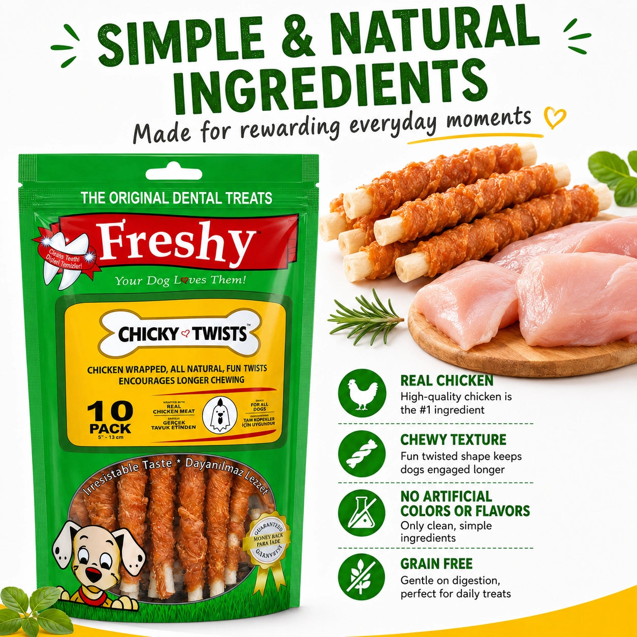 Freshy Chicky Twists Tavuklu Köpek Ödül Maması, 10 li Packet