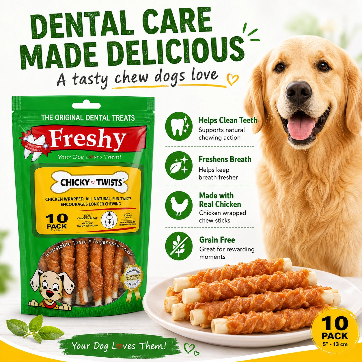 Freshy Chicky Twists Tavuklu Köpek Ödül Maması, 10 li Packet