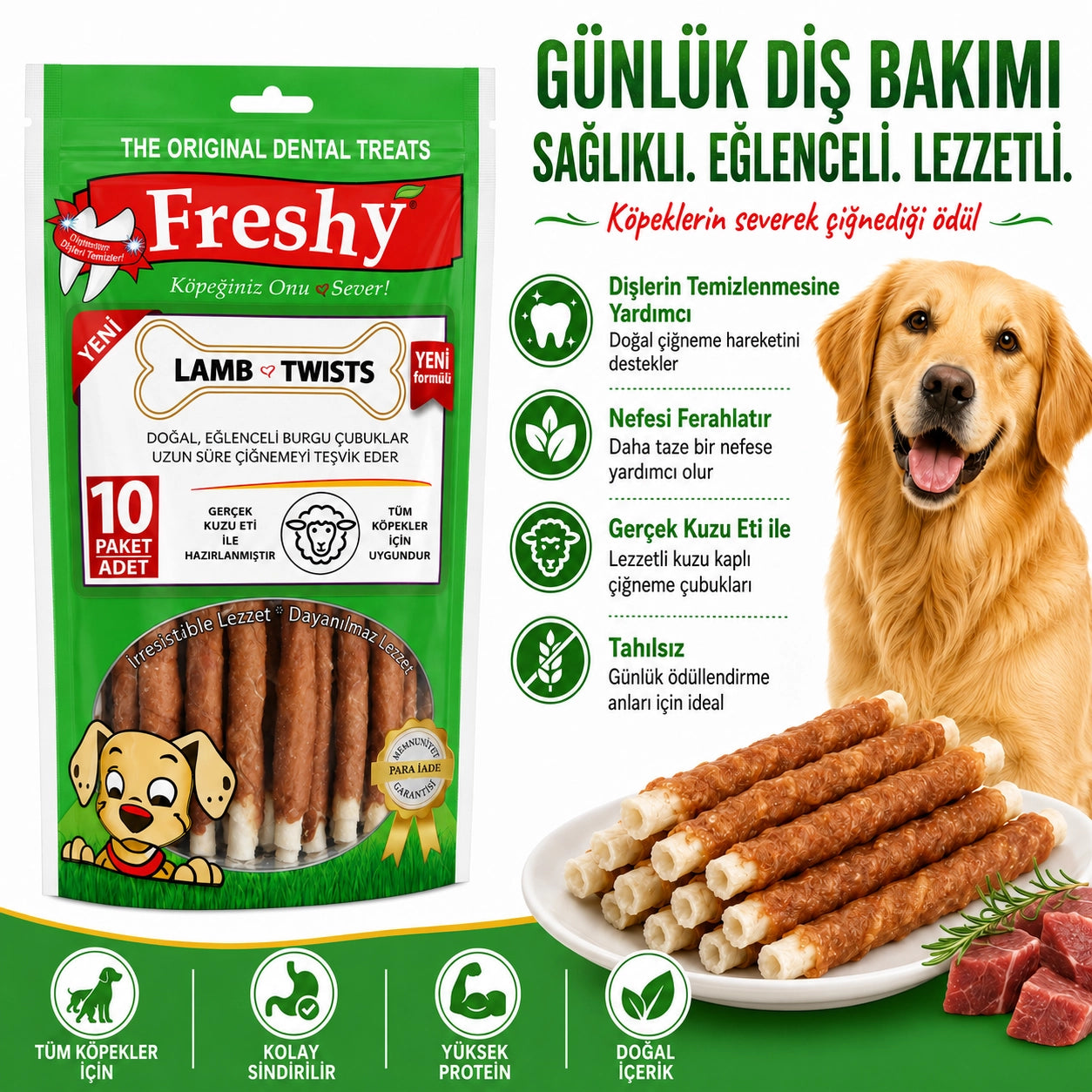Freshy Lamb Twists Kuzu Etli Köpek Ödül Maması, 10 li Packet