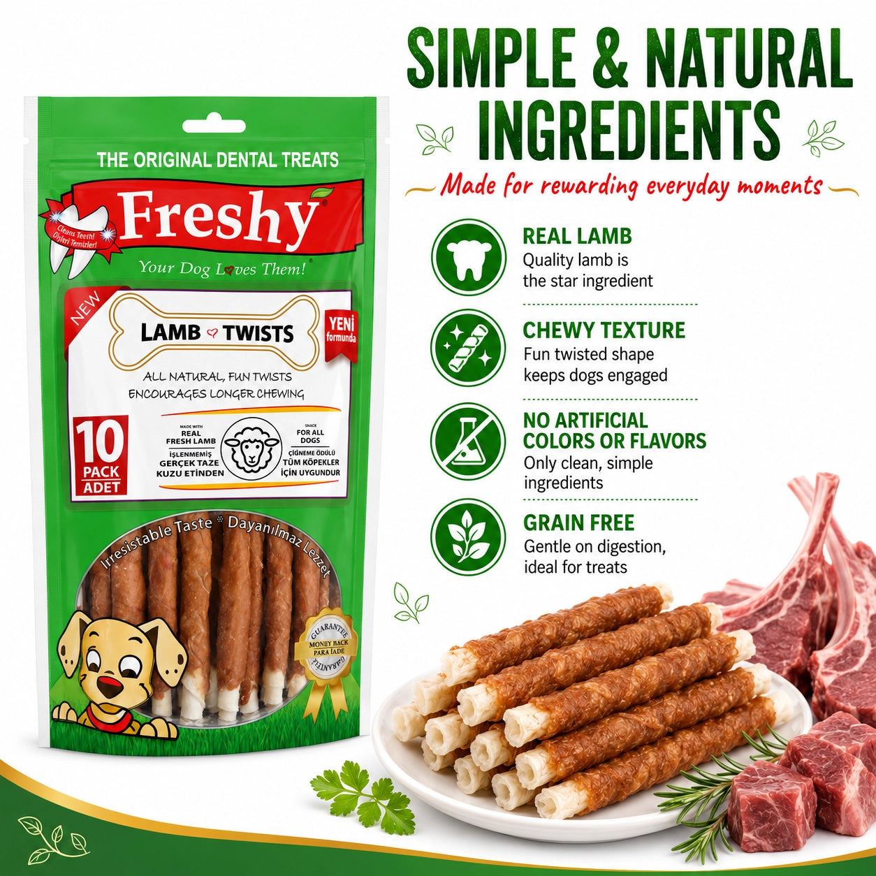 Freshy Lamb Twists Kuzu Etli Köpek Ödül Maması, 10 li Packet