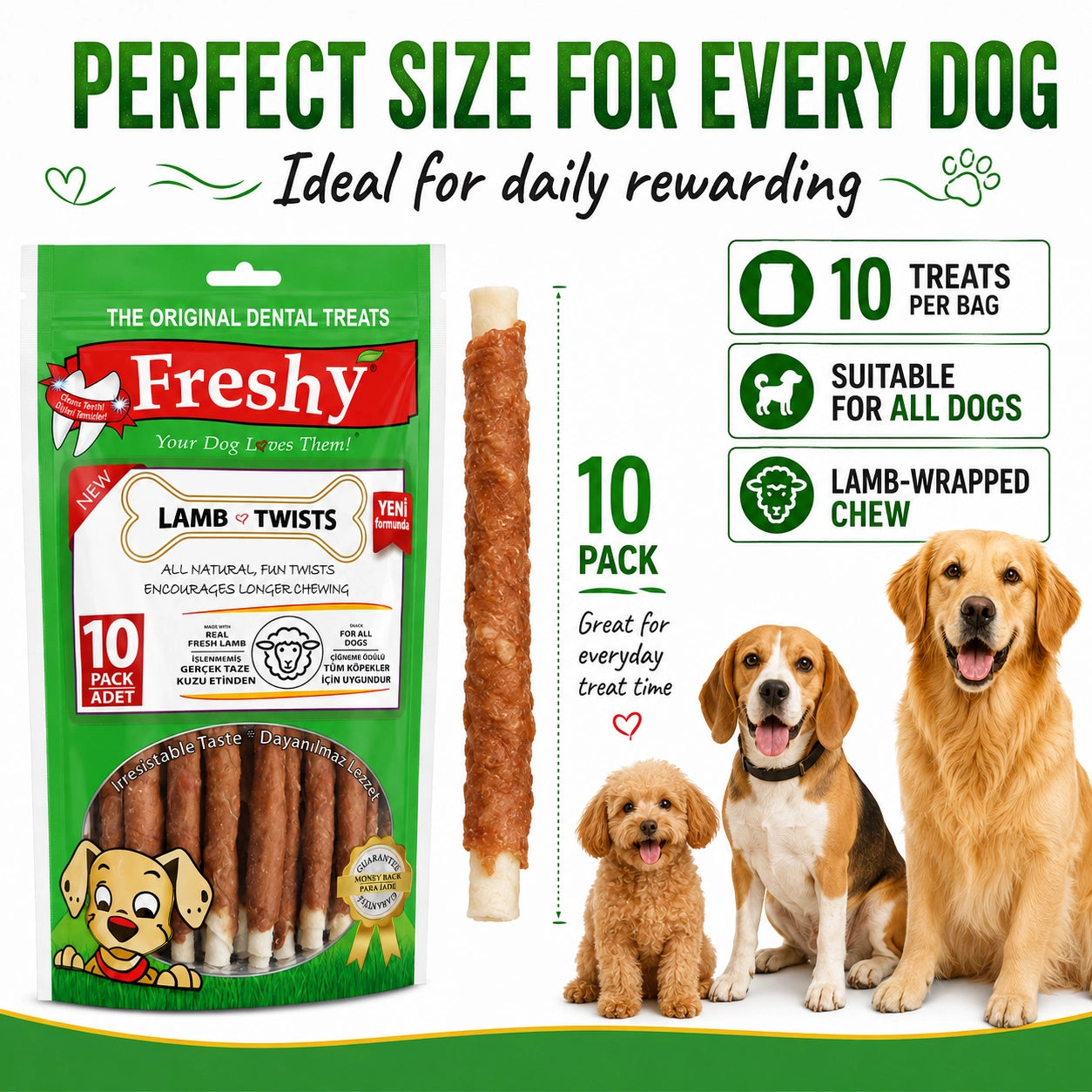 Freshy Lamb Twists Kuzu Etli Köpek Ödül Maması, 10 li Packet