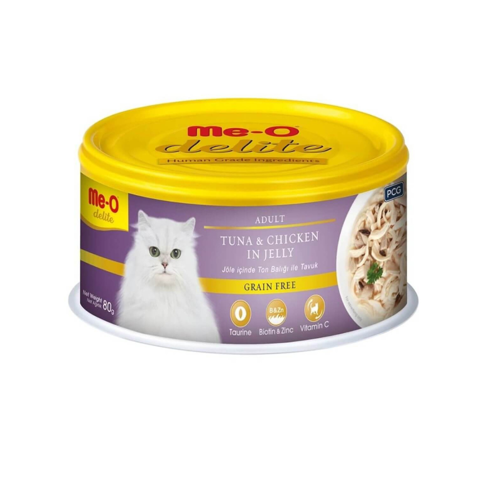 ME-O Delite Jelly Ton Balığı ve Tavuklu Tahılsız Yetişkin Kedi Konserve Mama, 80g