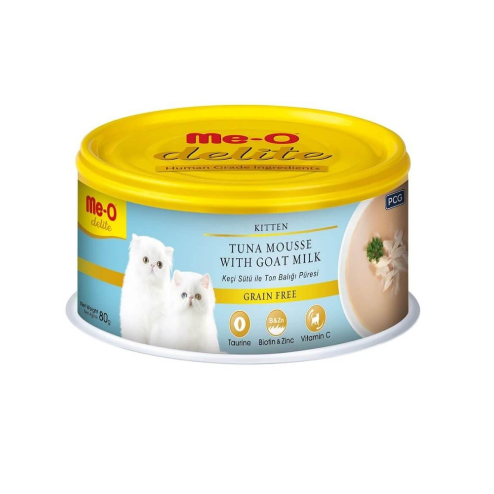 ME-O Delite Keçi Süt ve Ton Balığı Tahılsız Yavru Kedi Konserve Mama, 80g