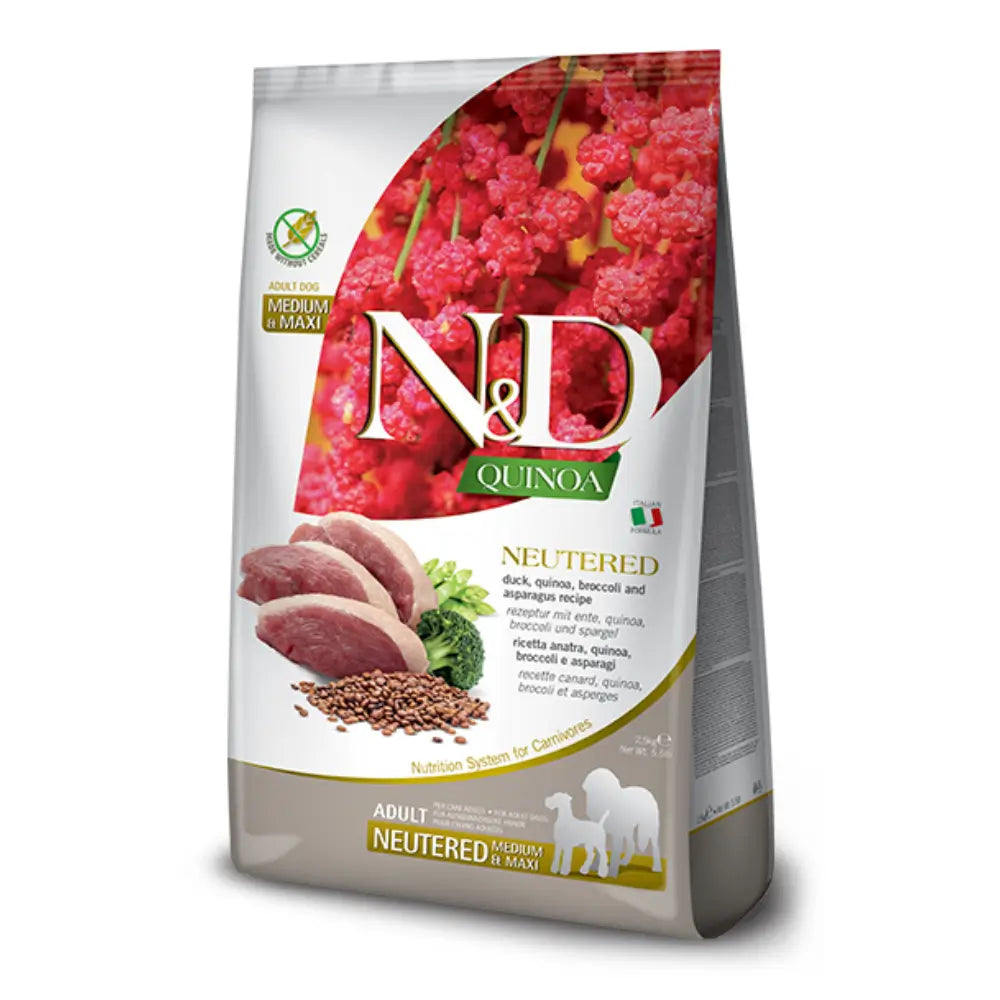 N&D Quinoa Tahılsız Ördek, Brokoli ve Kuşkonmazlı Kısırlaştırılmış Med/Max Yetişkin Köpek Maması