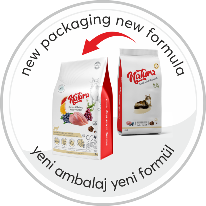 Natura İndoor Hairball Tavuk ve Yaban Mersinli Az Tahıllı Yetişkin Kedi Kuru Maması, 2kg