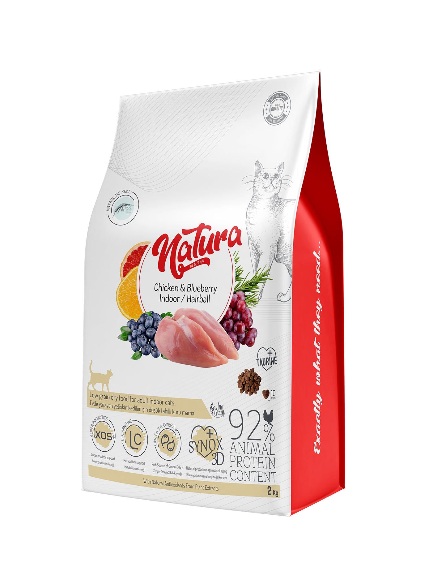 Natura İndoor Hairball Tavuk ve Yaban Mersinli Az Tahıllı Yetişkin Kedi Mama, 2kg