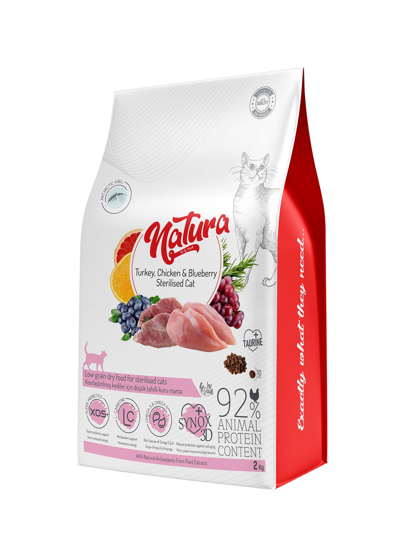 Natura Kısırlaştırılmış Tavuk, Hindi ve Yaban Mersinli Az Tahıllı Yetişkin Kedi Mama, 2kg