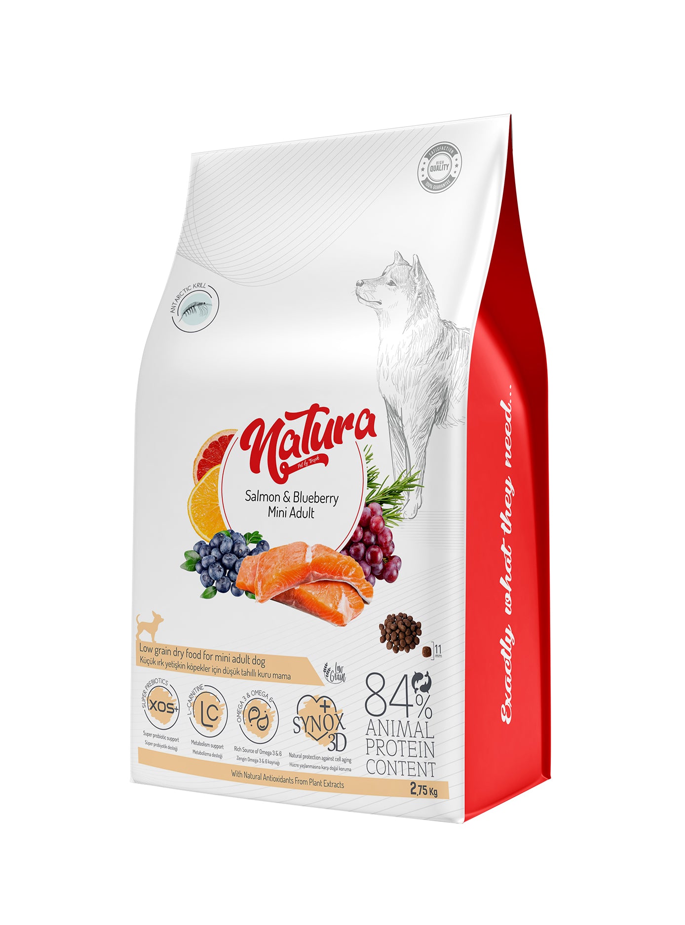 Natura Somon, Yaban Mersini ve Chia Tohumlu Az Tahıllı Mini Yetişkin Köpek Mama, 2.75kg