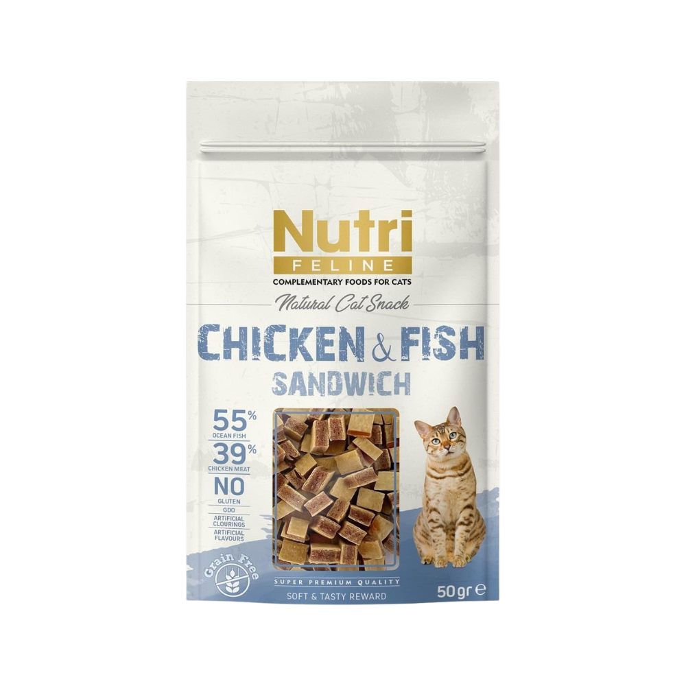 Nutri Sandwich Tavuk ve Balıklı Yetişkin Kedi Şerit Etler Ödül, 50g