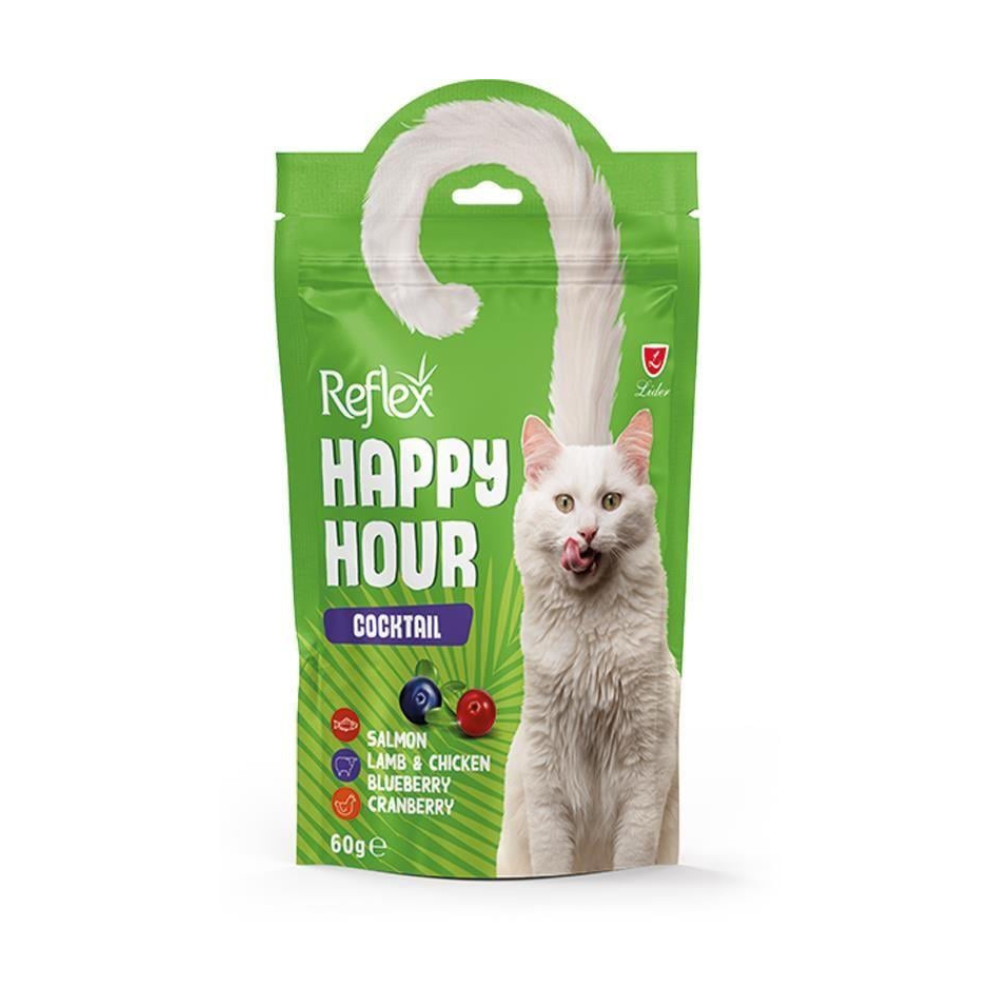 Reflex Happy Hour Somon, Kuzu Eti, Tavuk ve Yaban Mersinli Yetişkin Kedi Snacky Ödül, 60g