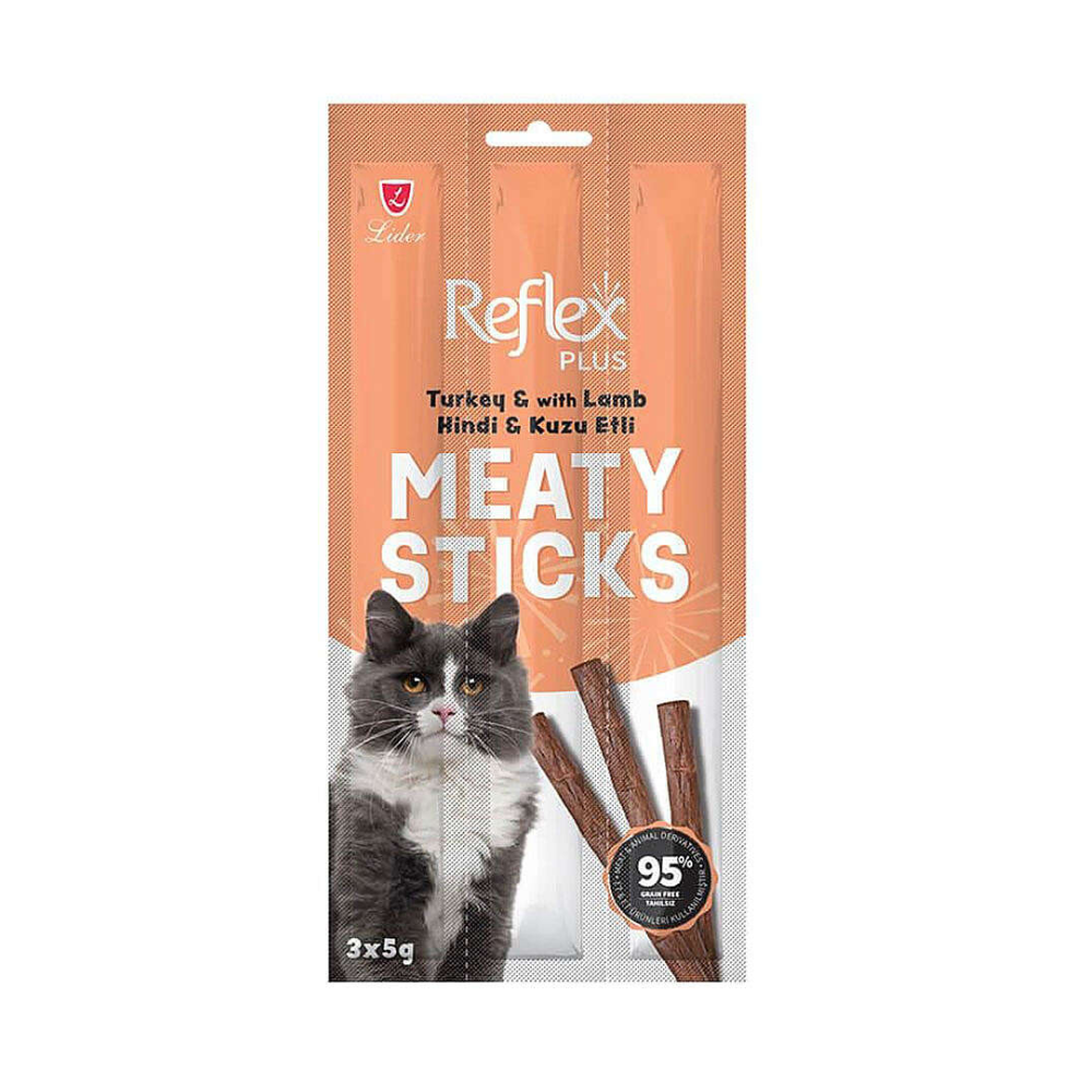 Reflex Plus Meaty Sticks Hindi ve Kuzu Etli Yetişkin Kedi Stick Ödül, 3 lü Paket, 15g