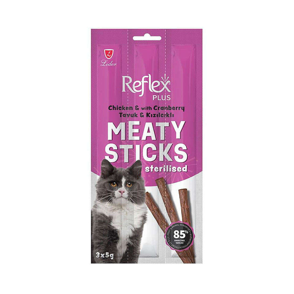 Reflex Plus Meaty Sticks Kısırlastırılmış Tavuklu ve Kızılcıklı Yetişkin Kedi Stick Ödülü, 3 lü Paket, 15g